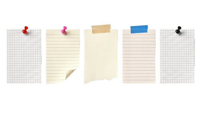 Minimalist blank note papers with push pins, lined and grid stationery sheets, white isolated office memo background