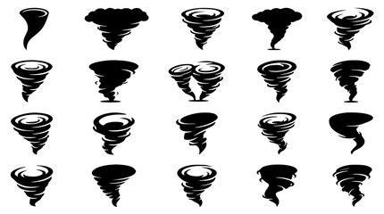Extreme Weather Tornado and Twister Silhouette Icon Set with Hurricane Vortex Whirlwind Cyclones and Severe Storm Danger Symbols for Disaster Warning Graphics