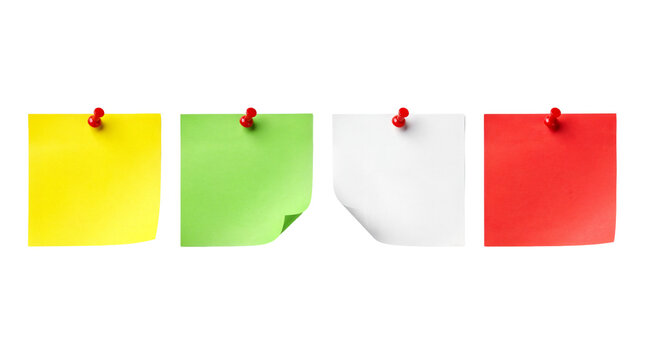 Colorful sticky note set on white background, blank square paper reminders with push pins, copy space for messages