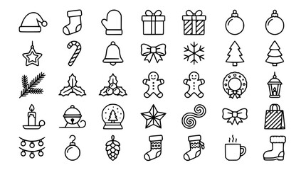 Fototapeta premium Christmas Holiday and Winter Celebration Icon Set with Line Symbols for Festive Graphic Design Elements Including Santa Hats Gifts Stockings Snowflakes Trees and Ornaments