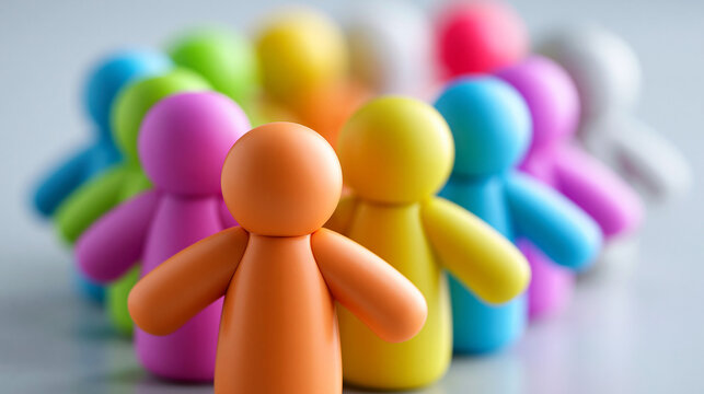 Orange Spielfigur hebt sich von bunter Gruppe auf wei&szlig;em Untergrund ab