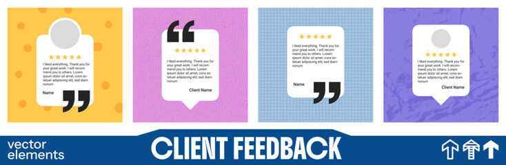 Fototapeta premium Client feedback set of 4 square quote cards with speech bubble forms. Yellow purple and blue backgrounds add paper grain and grids. Vector client feedback collection for social media post