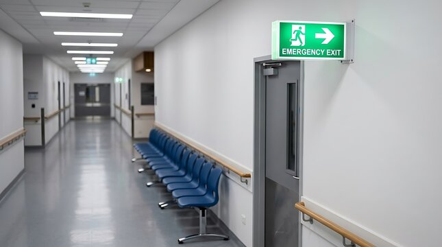 A long empty hospital hallway with blue plastic chairs lined against a white wall and a glowing green emergency exit sign above a door