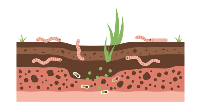 Healthy Soil Ecosystem Cross-Section Vector Illustration with Earthworms and Microbes