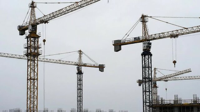 Multiple Construction Cranes Silhouetted Against A Gray Sky Showcasing Industrial Development And Urban Growth In The Heart Of The City