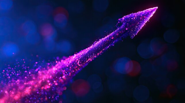 Luminous particle arrow ascends through bokeh-filled, dark, glowing atmosphere