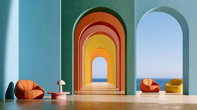 Whimsical arcade of colorful arches opens to serene ocean view
