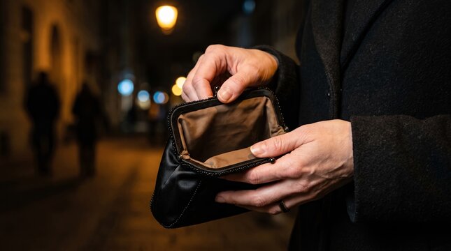 Close up of hands showing the inside of an empty brown vintage purse outdoors at night on a softly lit city street.