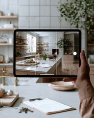 Obraz premium Hand holding tablet photographing modern kitchen with fireplace and island