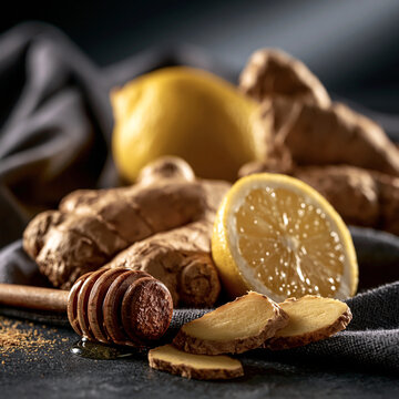 Fresh ginger root lemon and honey dipper on dark texture with still life, ingredients