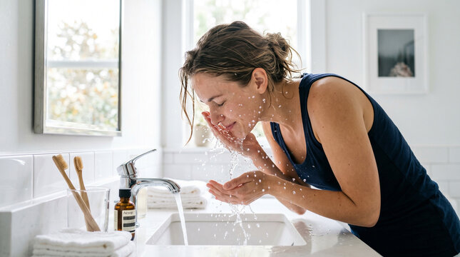 Woman washing her face at bathroom sink with natural light