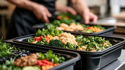 Obraz premium Freshly prepared healthy meals in black trays arranged on a stainless steel counter with hands assembling ingredients