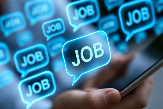 Hand ber&uuml;hrt leuchtende JOB-Schriftz&uuml;ge auf digitalem Bildschirm