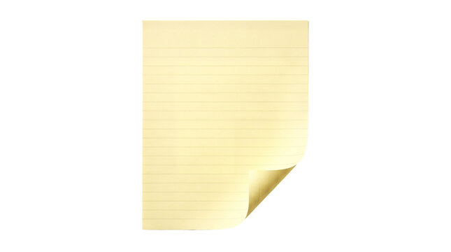 Blank yellow lined paper sheet with curled corner, notebook page background, minimalist stationery mockup for notes