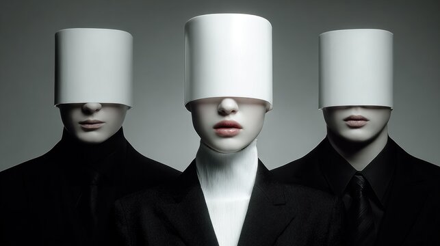 Three mannequins wearing hats with a man ' s face in the middle sale discount concept copy space