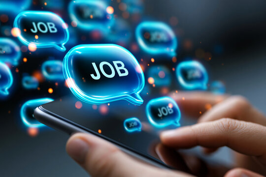 Hand ber&uuml;hrt leuchtende JOB-Schriftz&uuml;ge auf digitalem Bildschirm