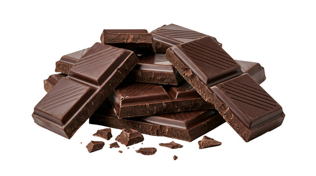 Dark chocolate bar pieces on white background, broken chocolate blocks with crumbs. Sweet dessert ingredient photo