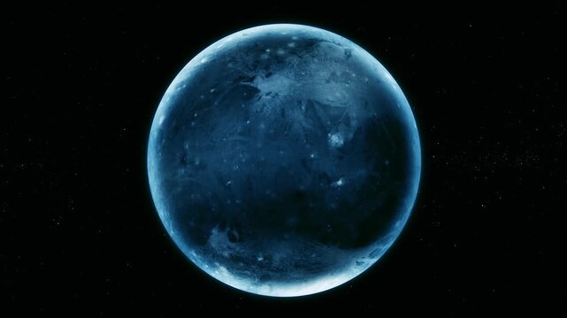Blue planet or icy sphere floating in dark outer space with a glowing edge and scattered stars