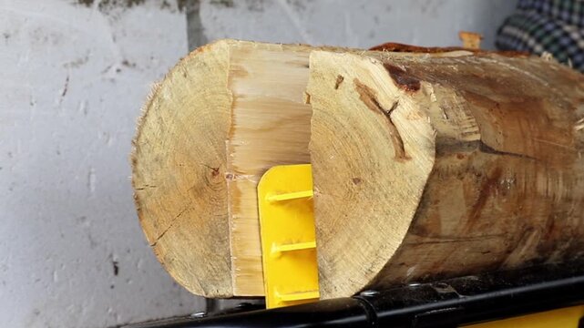 Splitting a thick Birch log with a bright yellow steel wedge on a workbench inside a home workshop to create pieces of wood for heating during the day