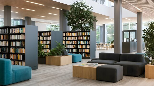 Modern library interior featuring bookshelves  comfortable seating  and indoor plants under bright ceiling lights