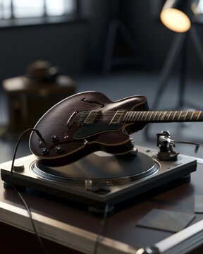 Electric Guitar on Turntable in Studio Setting with Ambient Light