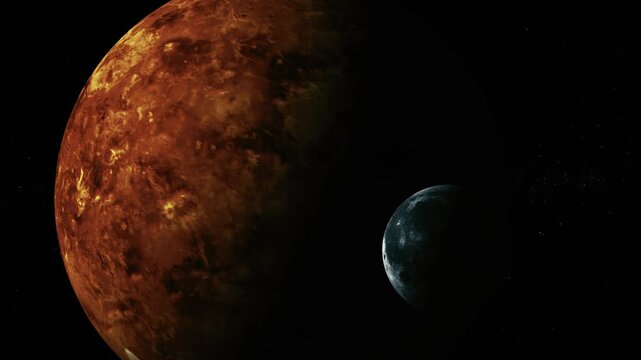 Large red planet in deep space with a small blue moon and dark starry background
