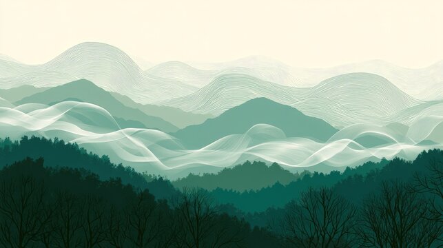 Serene, misty mountain range with flowing, ethereal ribbons of light