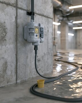 Basement Flood Prevention Control Box with Cables on Concrete Wall