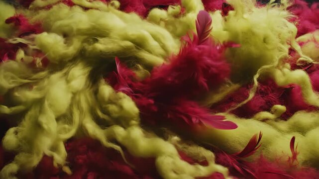 Intense Tactile Abstract Background of Soft Chartreuse Wool and Crimson Feathers in Textural Motion