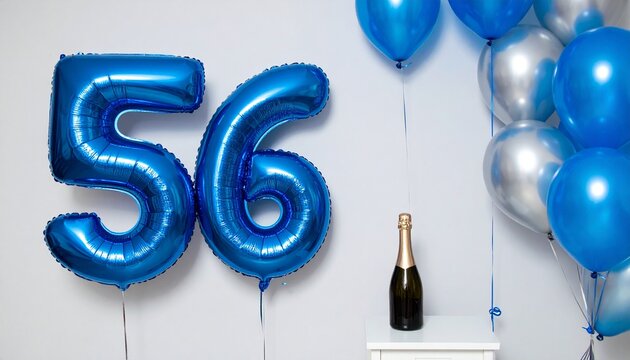 Blue Number 56 Balloon with Champagne Bottle for Birthday or Anniversary Celebration