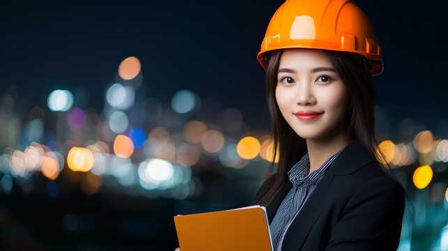 Confident woman in business attire wearing hard hat holds notebook at construction site at night