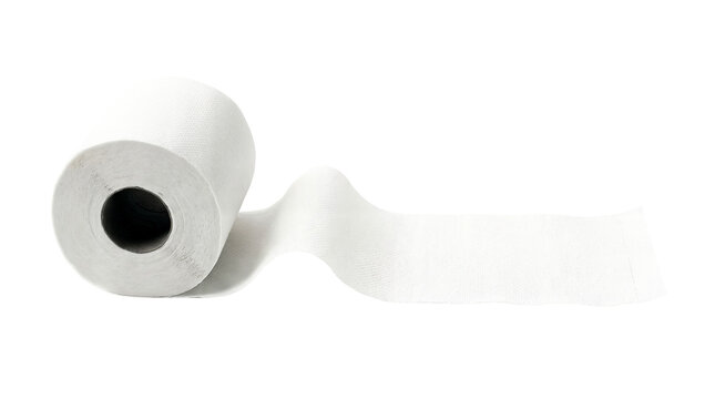 White toilet paper roll on clean background, bathroom tissue paper with unrolled sheet. Hygiene and sanitation supply