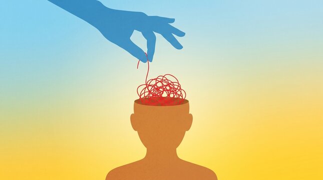 Conceptual illustration depicting external influence over human thought processes with giant hand untangling