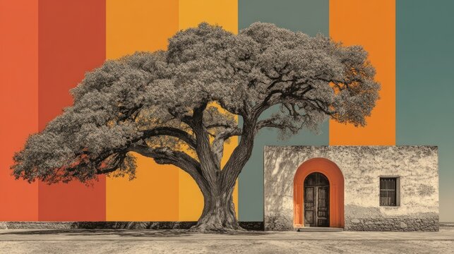 Tree that is standing in front of a building genealogy tree concept