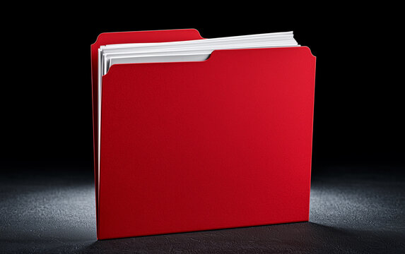 Red document folder with white papers in dark studio lighting