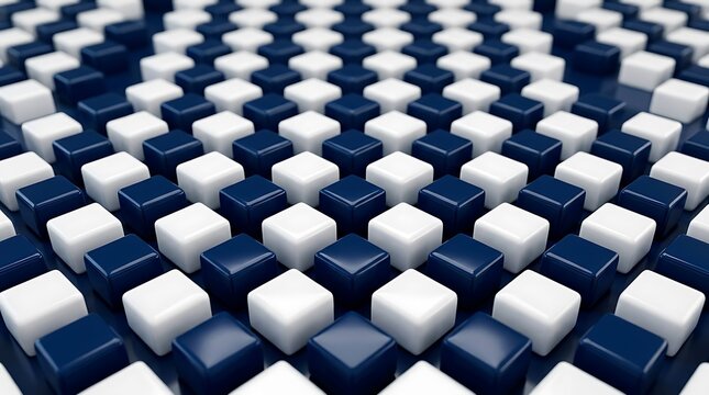 Abstract background featuring a repeating pattern of dark blue and white three dimensional square blocks
