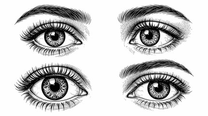 Fototapeta premium Vintage hand drawn human eyes set, detailed engraving style female eyes with eyebrows, black and white sketch vector illustration for beauty and anatomy
