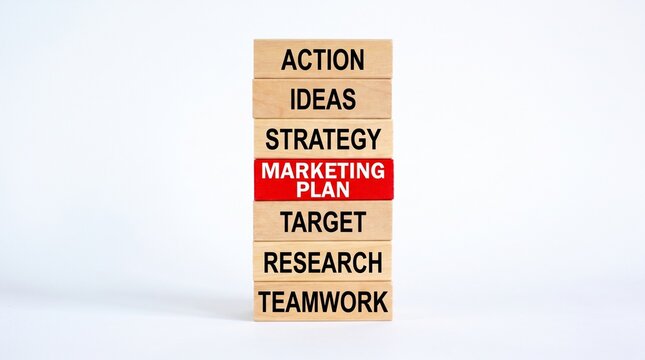 Business marketing plan concept stacked wooden blocks success strategy development framework professional