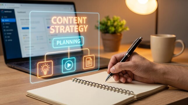 Professional content strategy planning concept with digital holographic workflow interface over notebook desk