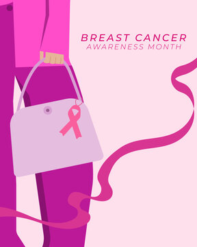 Breast cancer awareness month banner with pink ribbon. Flat vector illustration.