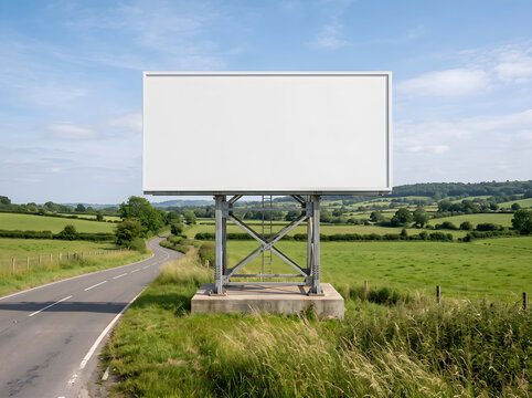 Large Outdoor Billboard Mockup beside Rural Country Road with Hills