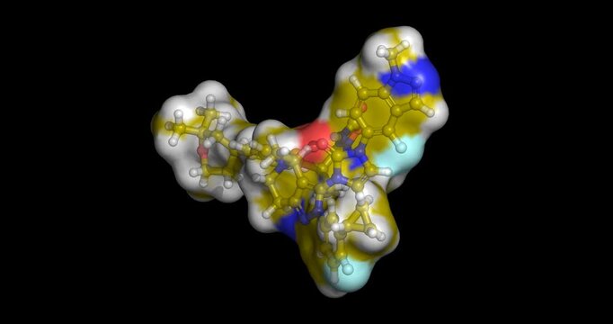 Elecoglipron, experimental oral non-peptide GLP-1 receptor agonist for weight loss, 3D molecule 4K spinning
