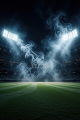 Obraz premium Night baseball stadium with bright floodlights illuminating swirling smoke above the empty green field. Arena lights pierce fog on grass. Sports venue prepares for game.