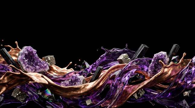 Abstract liquid splash of metallic bronze and purple fluid with flying raw amethyst geodes, pyrite crystals, and tourmaline on black background with copy space