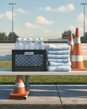 Hydration crate with water bottles, towels and cones on sports sideline bench