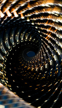 A close-up rendering of a spiral metal architectural structure