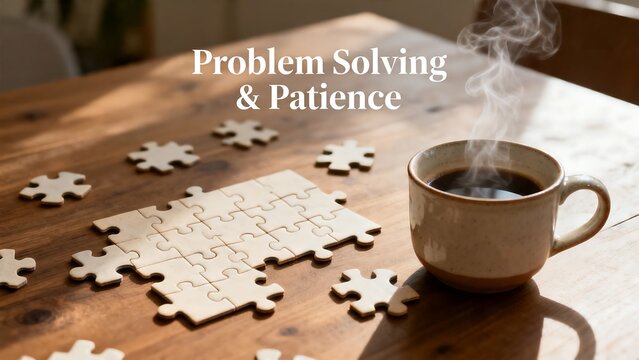 A wooden table with jigsaw puzzle pieces being assembled next to a steaming cup of hot coffee