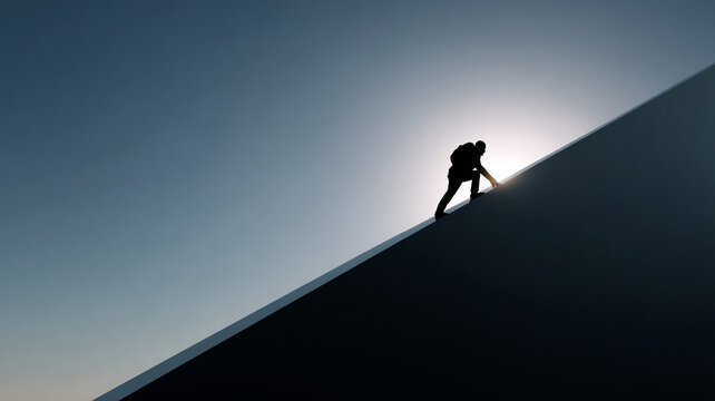 Silhouette of a person climbing a smooth angular structure instead of a mountain, modern success metaphor