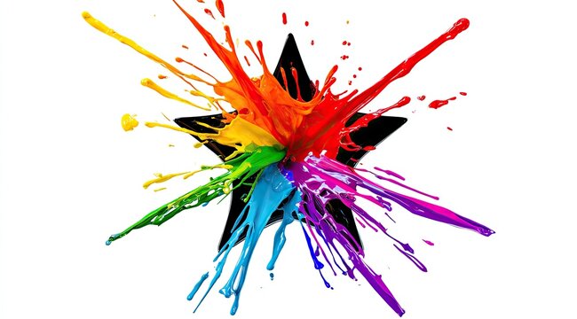 Burst of rainbow paint exploding outwards from a black starburst