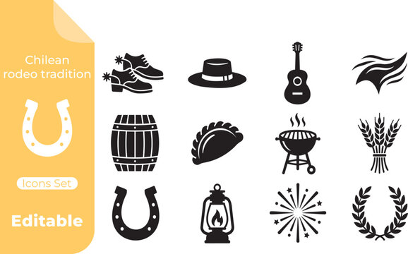 Set of Chilean rodeo tradition vector icons.